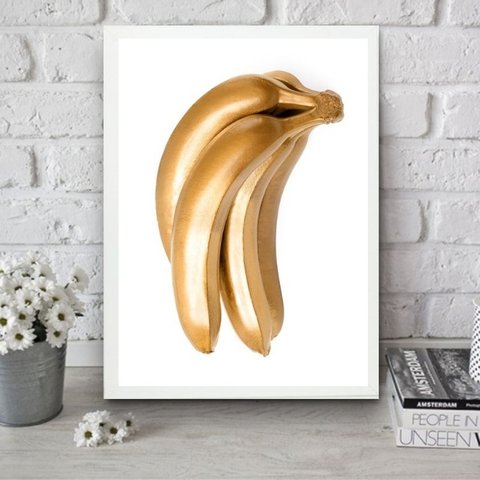 Quadro para Cozinha Banana Dourada 24x18cm - com Vidro:moldura Branca