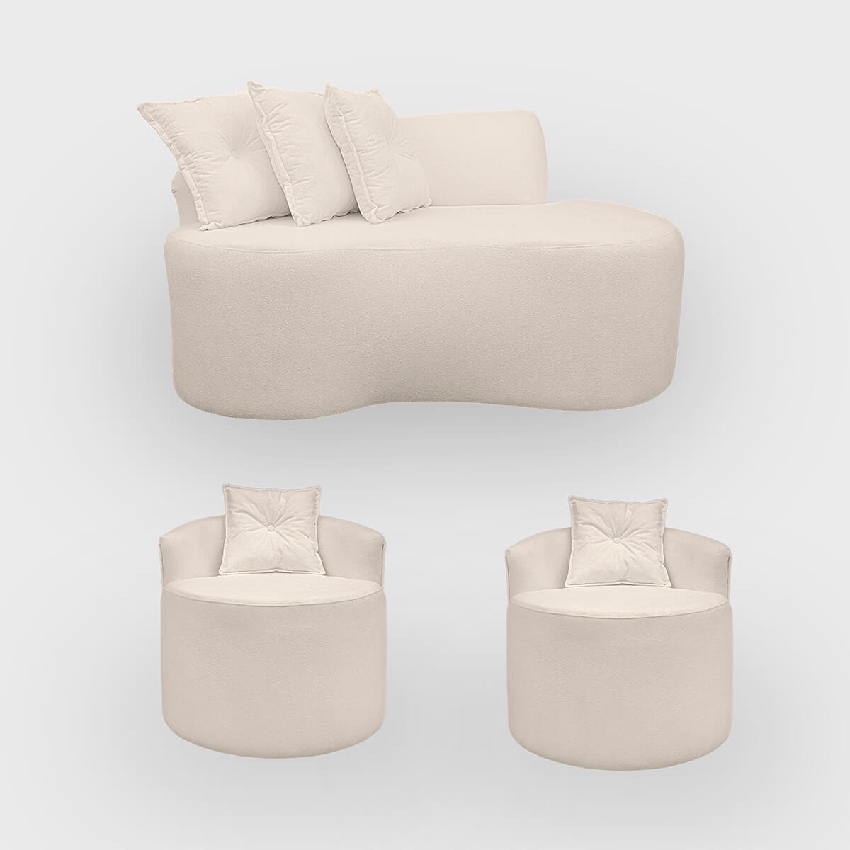 Kit 2 Poltronas com Sofá Curvo 2 Lugares Feijão Forma Orgânica Bouclé