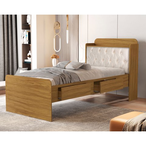 Cama Solteiro Tamires com Capitone Estofado Gavetas Pretaleiras e Bau para Quarto Nature/bege