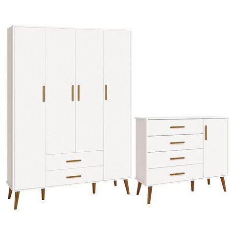 Jogo de Quarto Infantil Isis Guarda Roupa 4 Portas e Cômoda 1 Porta Branco - Reller Móveis
