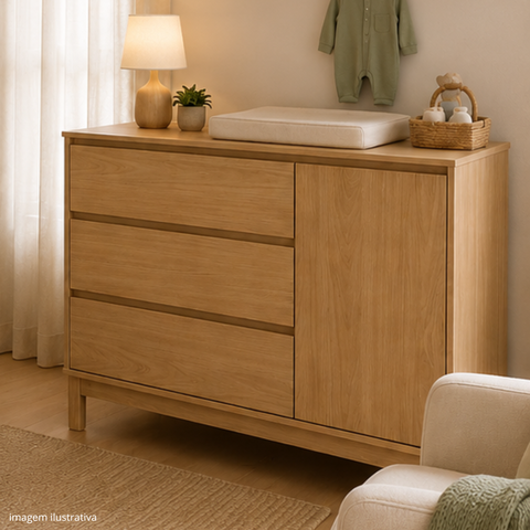 Cômoda para Quarto 3 Gavetas e 1 Porta MDF Carvalho Malva 3 Gavetas e 1 Porta Linha Soley