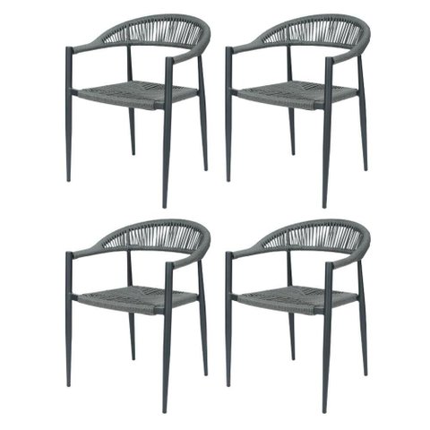 Kit 4 Cadeiras Empilhável Laguna Trancoso Fratini Aluminio Preto Assento Trama Corda Náutica Preto