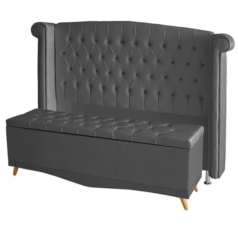 Kit Cabeceira de Cama Box e Calçadeira Baú Luxo King 195 Cm Suede Grafite Eli Móveis