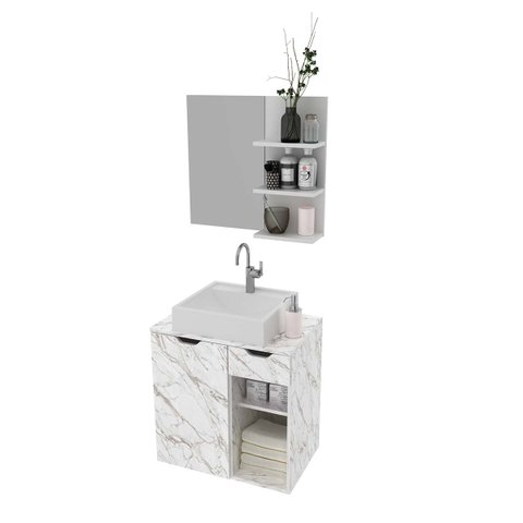 Kit Lavabo com Gabinete Suspenso, Cuba e Espelho Mármore Branco Tecno Mobili