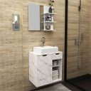 Ver imagem 2 de Kit Lavabo com Gabinete Suspenso, Cuba e Espelho Mármore Branco Tecno Mobili