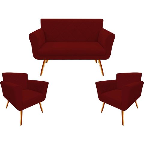 Kit Namoradeira + 2 Poltronas Decorativa Sabrina Suede Marsala Pés Madeira Mz Decor