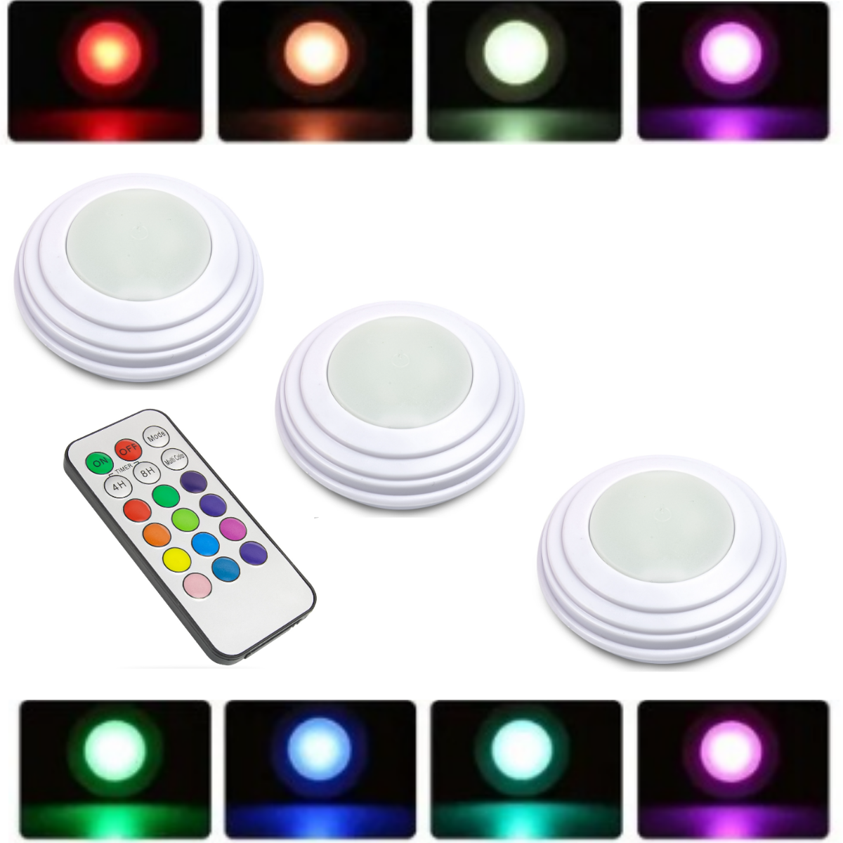 Kit 3 Luminárias Lâmpadas RGB Coloridas Multicolor Led Spots Sem Fio Com Controle Remoto Com Adesivo