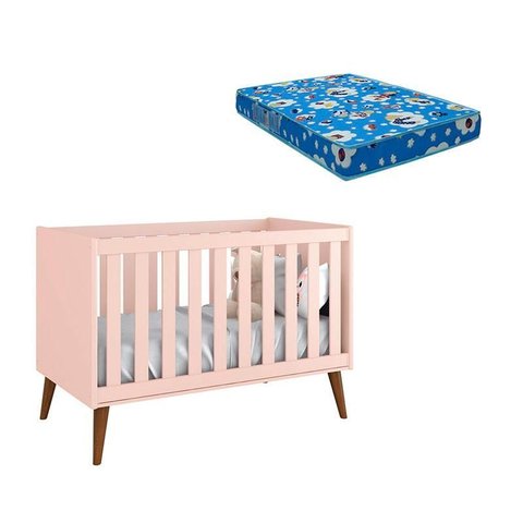 Berço Americano New Theo Rosa com Pés Amadeirados e Colchão Ortobom – Reller