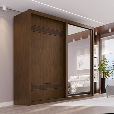 Guarda-Roupa Casal 2 Portas de Correr com Espelho 3 Gavetas MDF Pietro Marrom/Âmbar