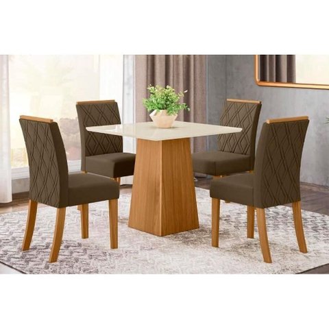 Conjunto: Mesa de Cozinha Dora Tampo Madeirado 90x90cm e 4 Cadeiras Vita Nature/suede Light Bege -