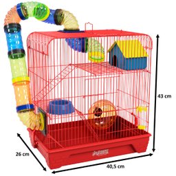 Gaiola Hamster 3 Andares Colorida com Casa Tubos e Rodinha - Vermelha - 2