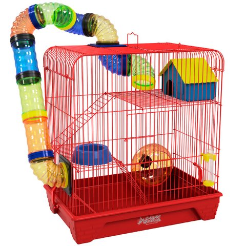 Gaiola Hamster 3 Andares Colorida com Casa Tubos e Rodinha - Vermelha