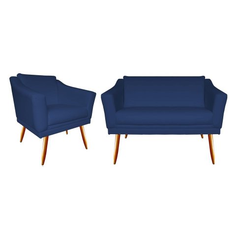 Kit Namoradeira + 1 Poltrona Decorativa Agatha Suede Azul Marinho Pés Madeira Mz Decor