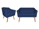 Ver imagem 1 de Kit Namoradeira + 1 Poltrona Decorativa Agatha Suede Azul Marinho Pés Madeira Mz Decor