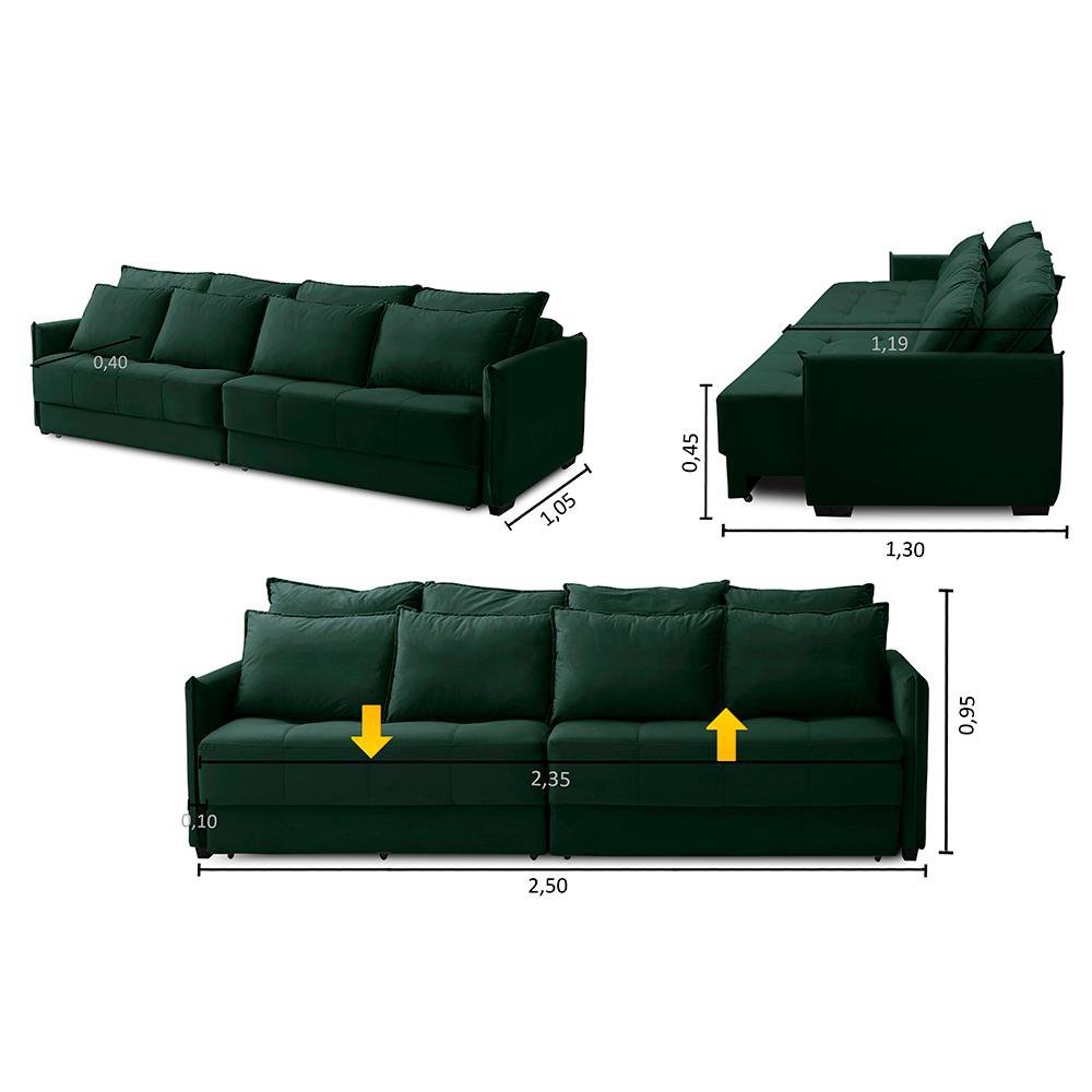 Sofá Cama Retrátil e Reclinável 2,50m com Molas Carol Veludo Verde Adonai Estofados - 2