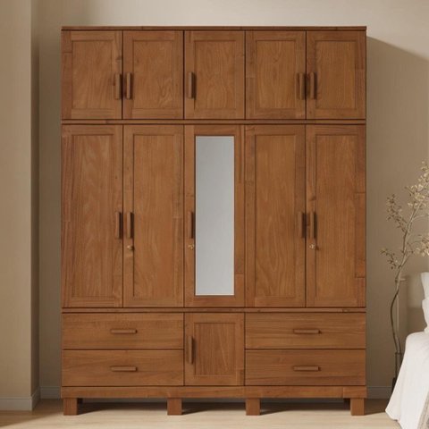 Guarda Roupa Casal com Espelho 11 Portas 4 Gavetas Madeira Maciça Lorie F06 Castanho - Lyam Decor