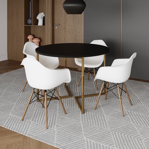Mesa Jantar Industrial Redonda 110cm Preta Base V Dourada com 4 Poltronas Brancas Eames Eiffel Daw M