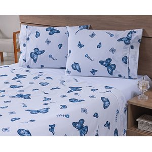 Jogo Lençol 4 Peças Cama Viúva 2,03mx1,20mx30cm 100% Algodão 180 Fios Ponto Palito Borboletas Azul