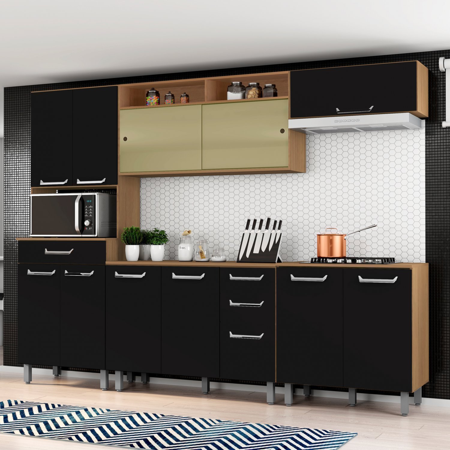 Cozinha Compacta Paneleiro Duplo12 Portas 3 Gavetas com Balcão Flex Viena Poliman Móveis