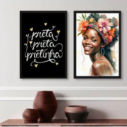 Kit 2 Quadros Decorativos Preta Preta Pretinha- Aquarela 24x18cm - com Vidro:madeira Preta - 1