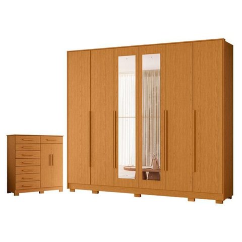 Guarda Roupa Casal Mercure com Espelho 06 Portas e Cômoda Verona 08 Gavetas Cinamomo - Móveis