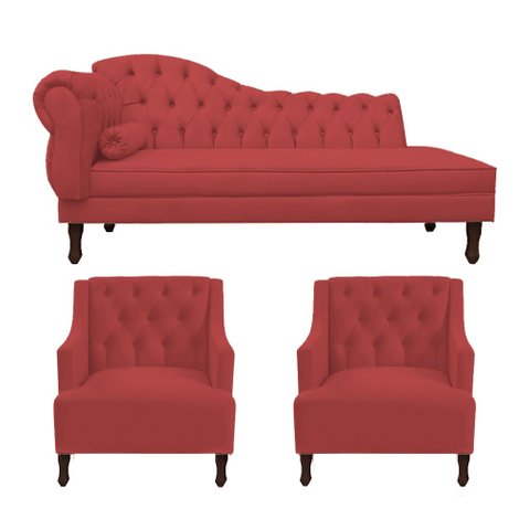 Kit Divã Cancun 185 Cm Braço Direito + 2 Poltronas Genesis Vermelho