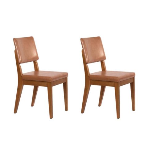 Conjunto com 2 Cadeiras de Madeira Maciça Estofada Ella - Natural C/ Pu Caramelo