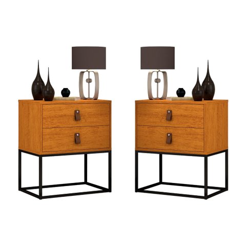 Conjunto 2 Criados Estilo Industrial com Puxadores de Couro