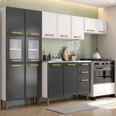 Cozinha Completa Bella 14 Portas 2 Gavetas Aço 280cm Grafite e Branco Bertolini