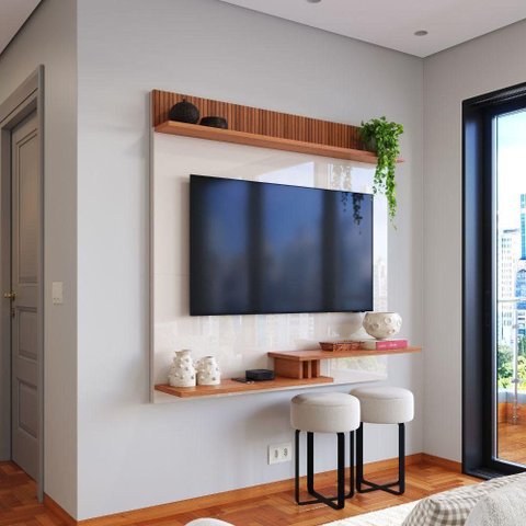 Painel para TV até 50 Polegadas Ripado 3D Texas com Nichos e Prateleiras Decorativas Off White/Je