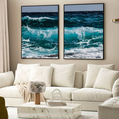 Kit Quadro Decorativo 2 Telas Oceano Tacolado Moldura Caixa Alta 4,5cm Preta sem Vidro 20 X 30cm
