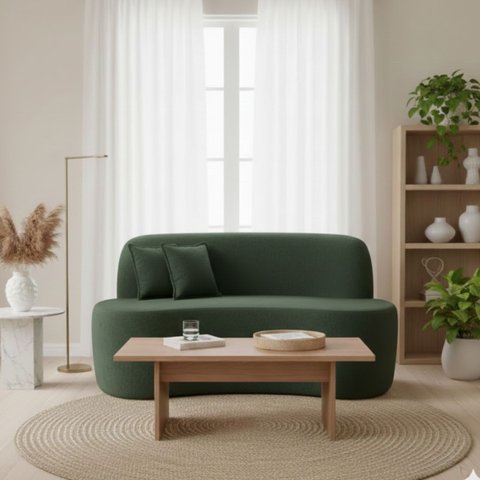 Sofá Minimalista Orgânico 2 Lugares Sala Bouclé:bouclé Verde Musgo