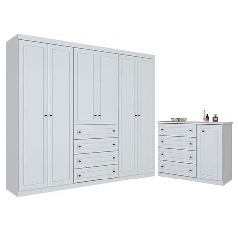 Jogo de Quarto com Roupeiro 6 Portas e Cômoda Americano Branco - Móveis Henn