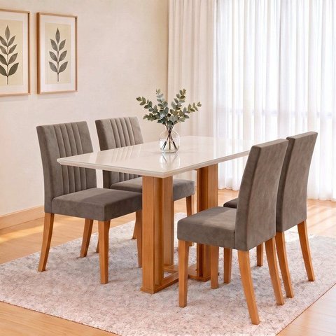 Conjunto Sala de Jantar Mesa Manu 120cm Tampo MDF e Vidro Canto Reto 4 Cadeiras Lily