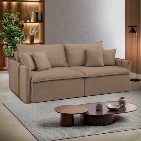 Sofá Cama Retrátil e Reclinável 3 Lugares Veludo Bege Escuro Windson 220cm Yescasa