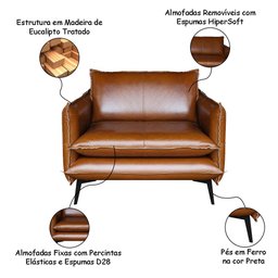 Poltrona Decorativa Sala de Estar América Couro Conhaque - Mozzelar - 2