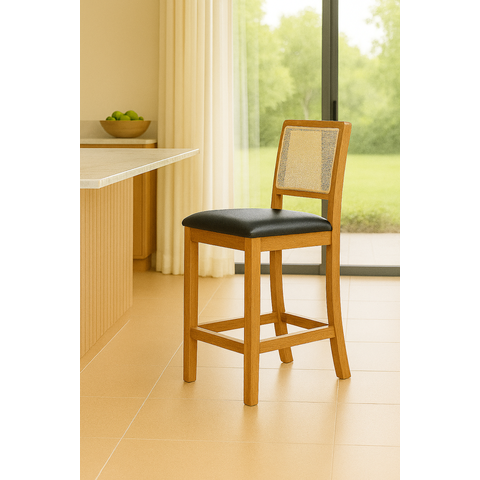 Kit 2 Banquetas Altas em Tela Sextavadas Assento Estofado Couro Pu Preto Rubi Madeira Maciça Mel