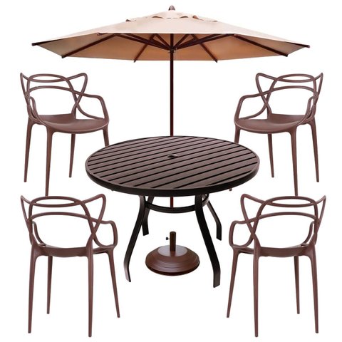 Jogo de Mesa 90cm Ripada Alumínio + 4 Cadeiras Piscina Jardim Área Externa