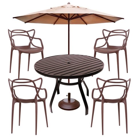 Jogo de Mesa 90cm Ripada Alumínio + 4 Cadeiras Piscina Jardim Área Externa