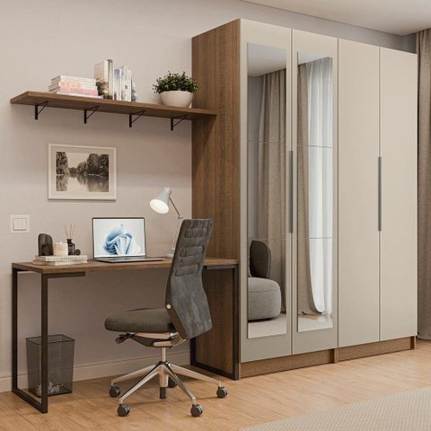 Conjunto Home Office 2 Armários Neo com Espelhos 1 Escrivaninha 2 Prateleiras Rustic/Crema Madesa