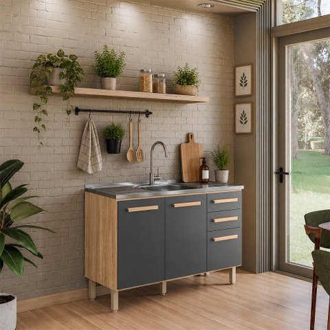 Balcão de Cozinha com Pia Inox 120cm 03 Portas 02 Gavetas Intenza Freijó Chumbo Nicioli Ghelplus