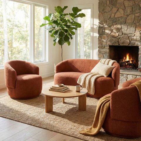 Kit 02 Poltronas + Namoradeira Decorativa Sala Estar Orgânica Beatriz Boucle Terracota - Montanaris 