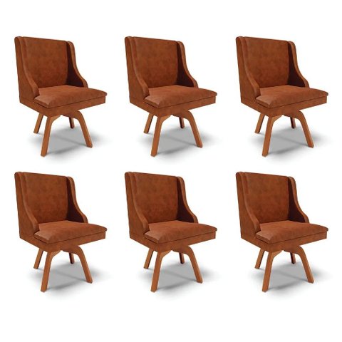 Kit 6 Cadeiras Decorativas Sala de Jantar Base Giratória de Madeira Firenze Pu Nozes/natural