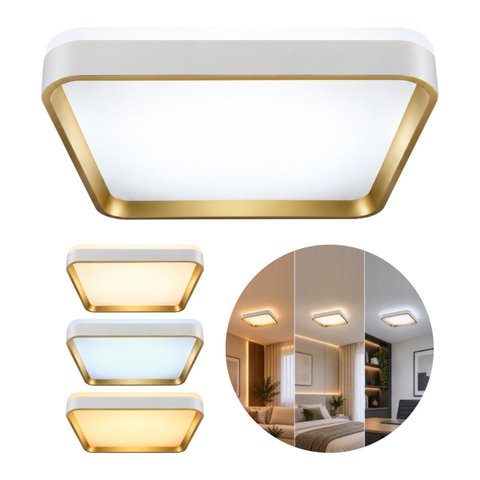 Plafon LED Sobrepor Yael Quadrado 36W Dourado c/ Branco 3 Cores de Luz Luminatti ST3357