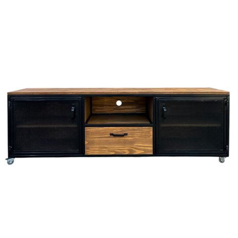 Rack Industrial com 2 Portas de Ferro, 1 Nicho e 1 Gaveta - Ferro Cor Preta e Madeira Cor Imbuia