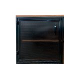 Ver mais imagens de Rack Industrial com 2 Portas de Ferro, 1 Nicho e 1 Gaveta - Ferro Cor Preta e Madeira Cor Imbuia