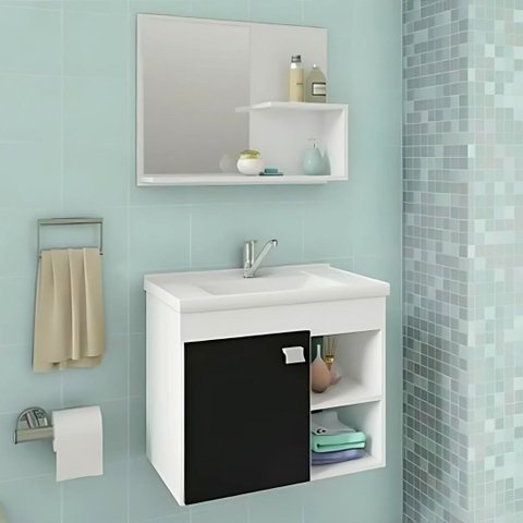 Conjunto Gabinete de Banheiro com Cuba Mármore e Espelheira:branco/preto