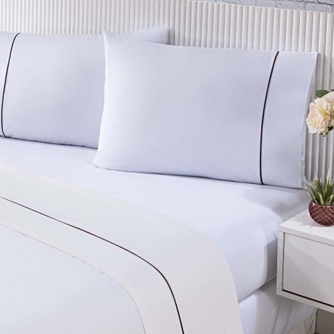 Jogo de Cama Lençol 100% Algodão Percal 150 Fios Casal Gran Moratta 4 Peças - Branco e Palha