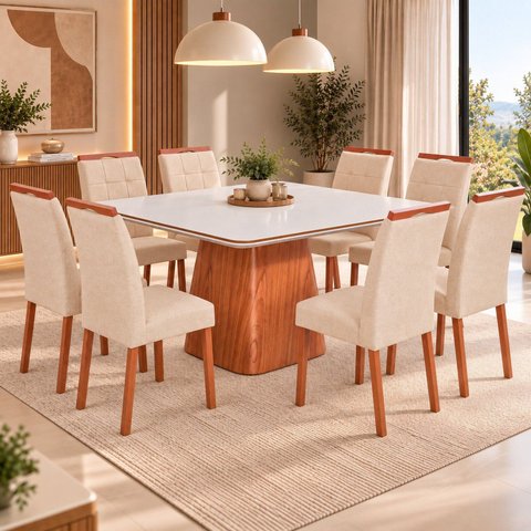 Conjunto Sala de Jantar Bérgamo Tampo com Detalhe Amadeirado e 8 Cadeiras Madeira Maciça Sophia