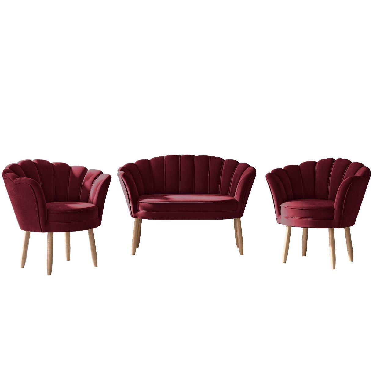 Kit 02 Poltronas Decorativas e Namoradeira Sofá Pétala Luxo Veludo Marsala Pés Palito - Visan Estofa - 2